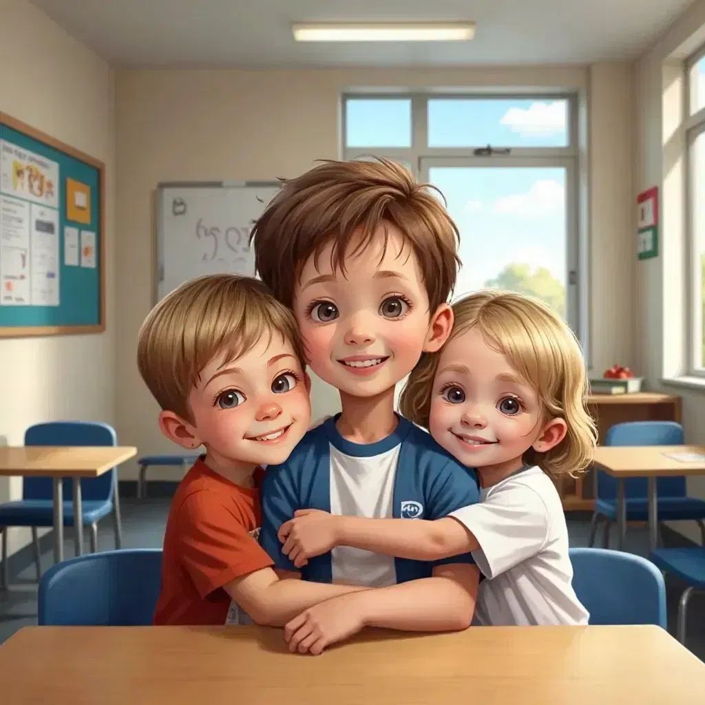 Hayden smiling, surrounded by James and Ellie giving him a hug. A classroom setting with a teacher's desk in the background.