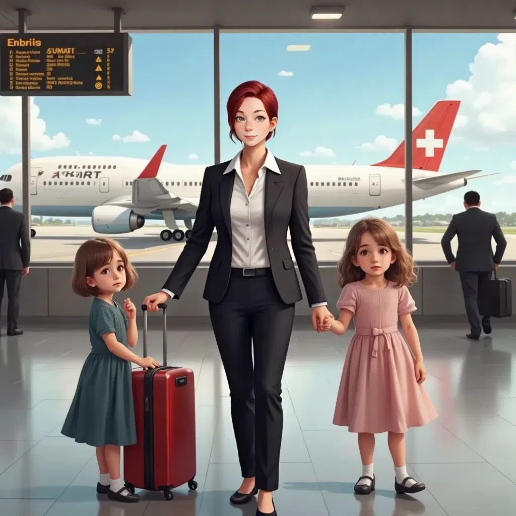 Haidee with her two little girls standing in an airport with suitcases, looking excited and a bit nervous. An airplane visible through the window.