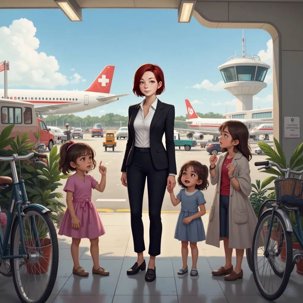 Haidee and her girls standing outside the airport, surrounded by bicycles. The girls looking around in awe.