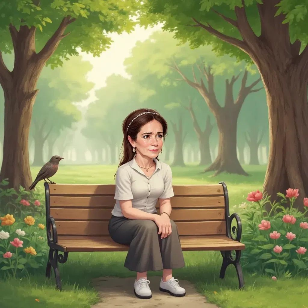 Princess Mary sitting alone on a park bench, looking a bit sad. Tall trees and bright flowers around.