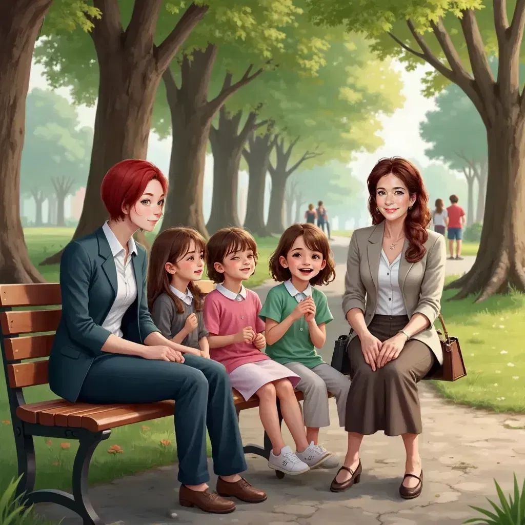 Haidee and her two girls sitting on a bench with Princess Mary, all smiling and chatting. A park setting with trees in the background.