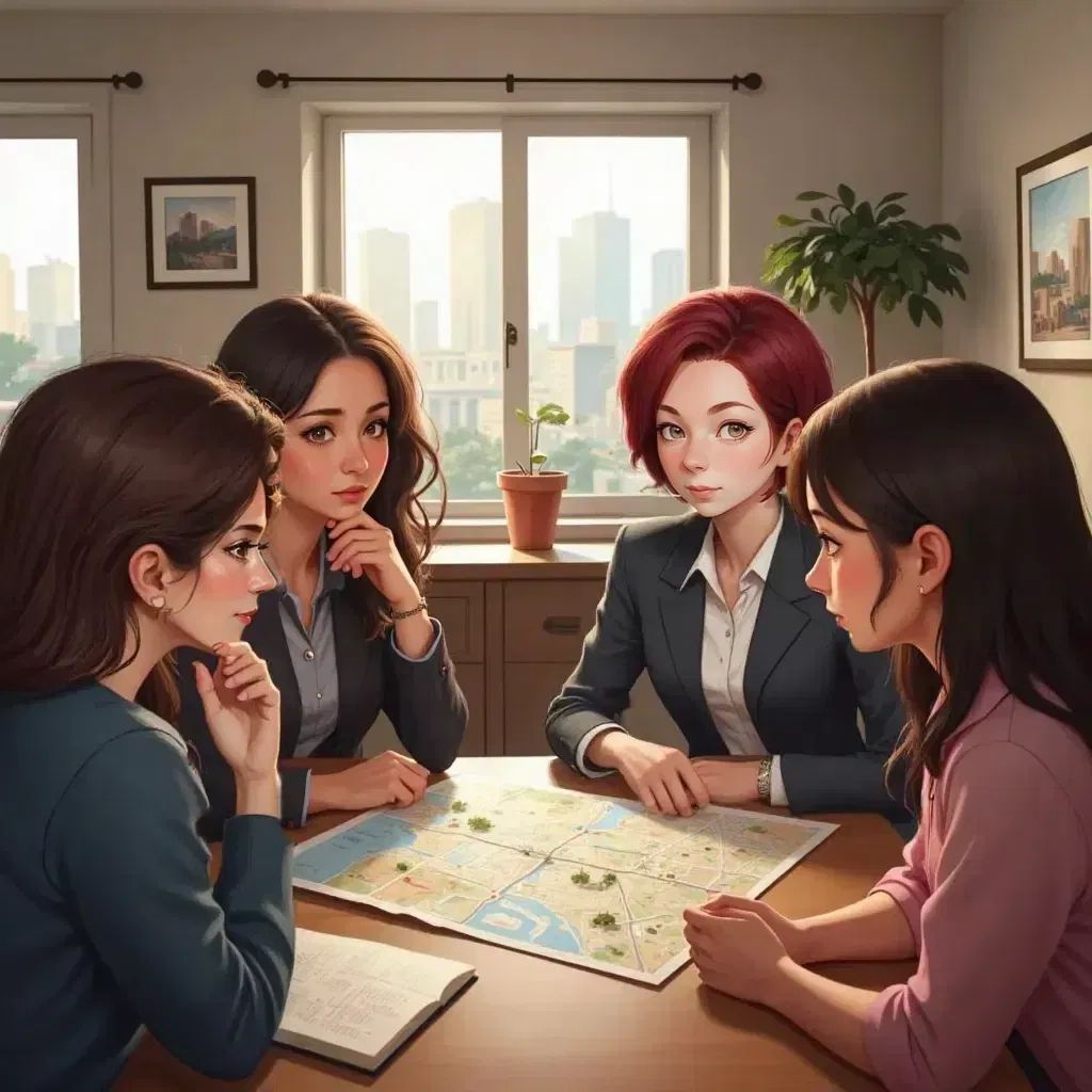 Princess Mary and Haidee with a thoughtful expression, sitting at a table with the girls. A city map is spread out, planning their exploration.