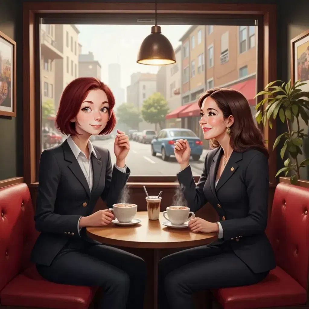 Haidee and Princess Mary enjoying tea at a small café. The girls giggling over hot chocolates. A cozy café setting.