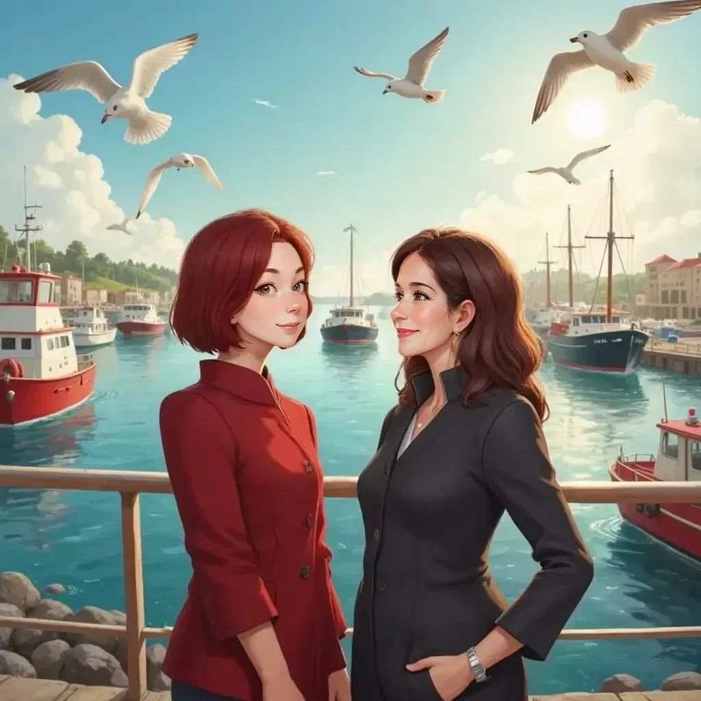 Haidee and Princess Mary standing at a harbor, watching boats. The girls looking at the ships with excitement.