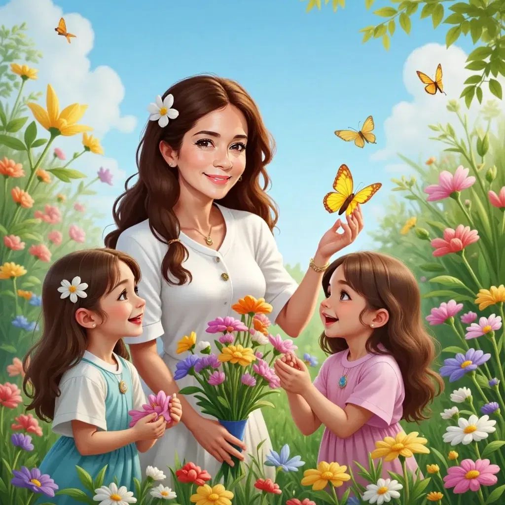 Princess Mary helping the girls pick flowers in a beautiful garden. The girls looking delighted.