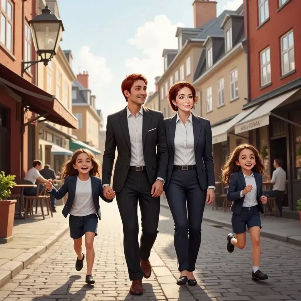 Haidee and Princess Mary walking through Copenhagen, smiling and chatting. The girls running ahead happily.