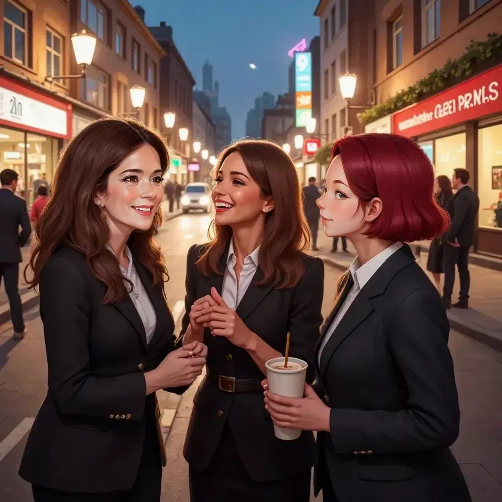 Princess Mary laughing with Haidee and her girls in a lively city street, the city lights glowing brightly.