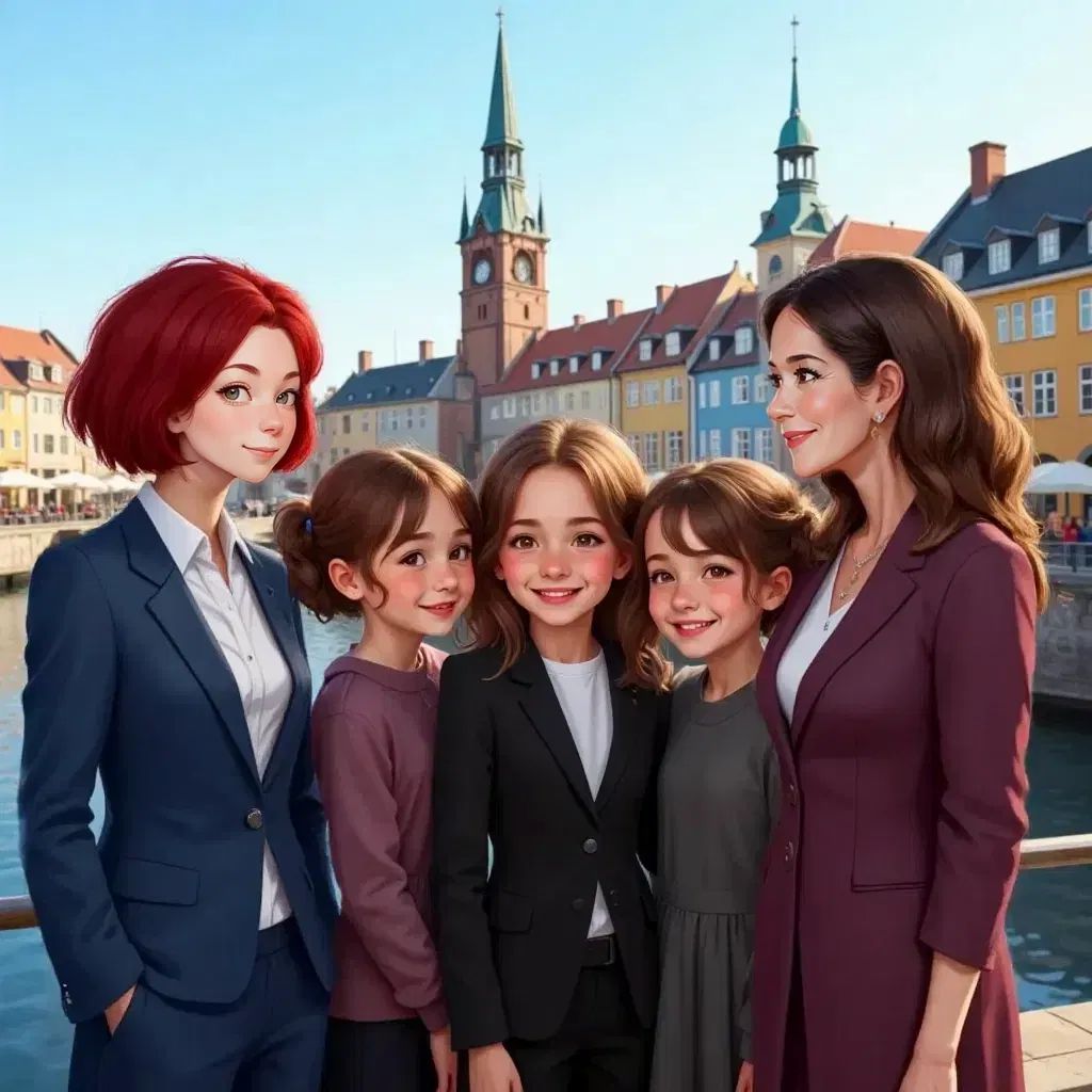 Haidee and her girls standing with Princess Mary, all smiling warmly. A cityscape of Copenhagen in the background.