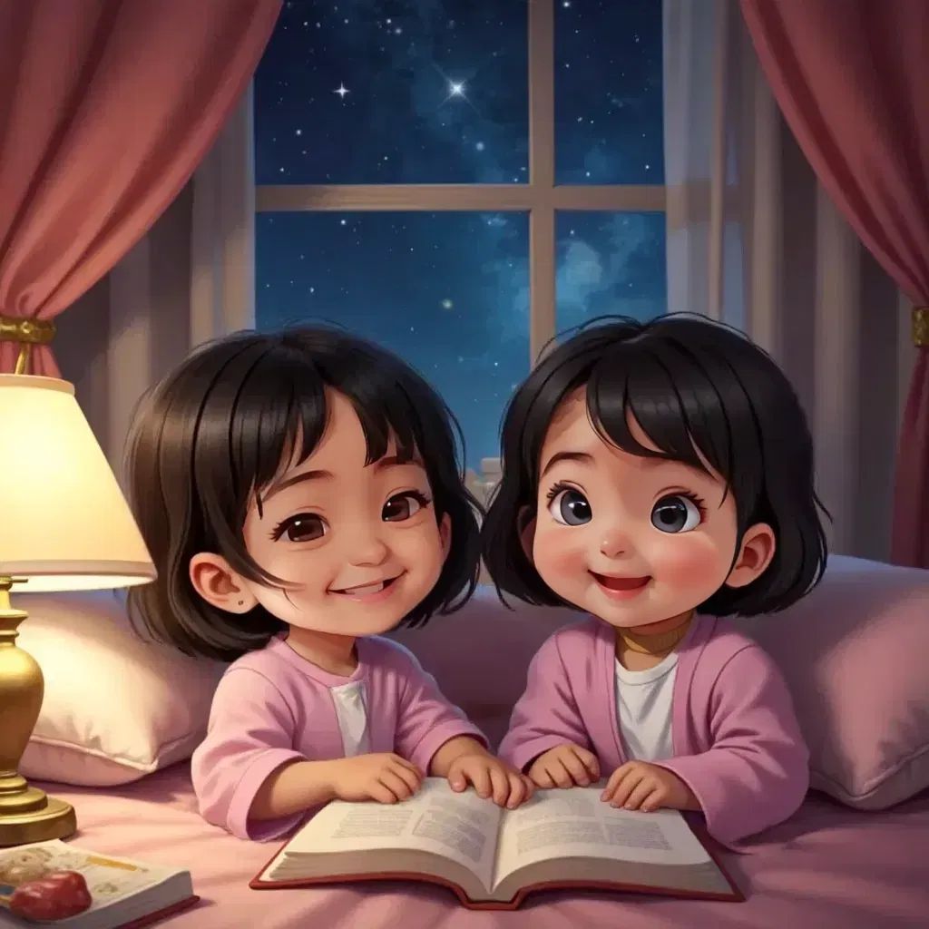 Sabriya and Habiba listening to a bedtime story, both looking dreamy