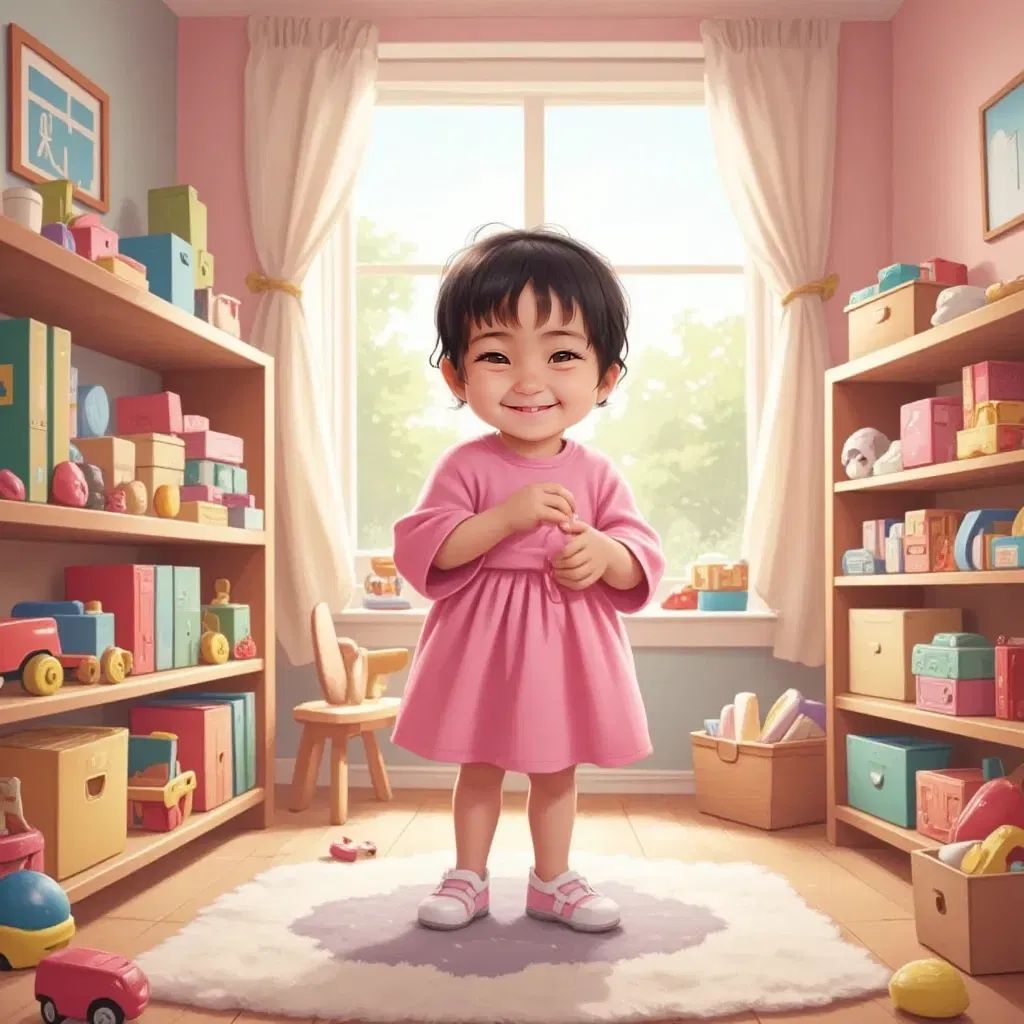 Sabriya tidying her room, toys neatly arranged, a sense of accomplishment on her face