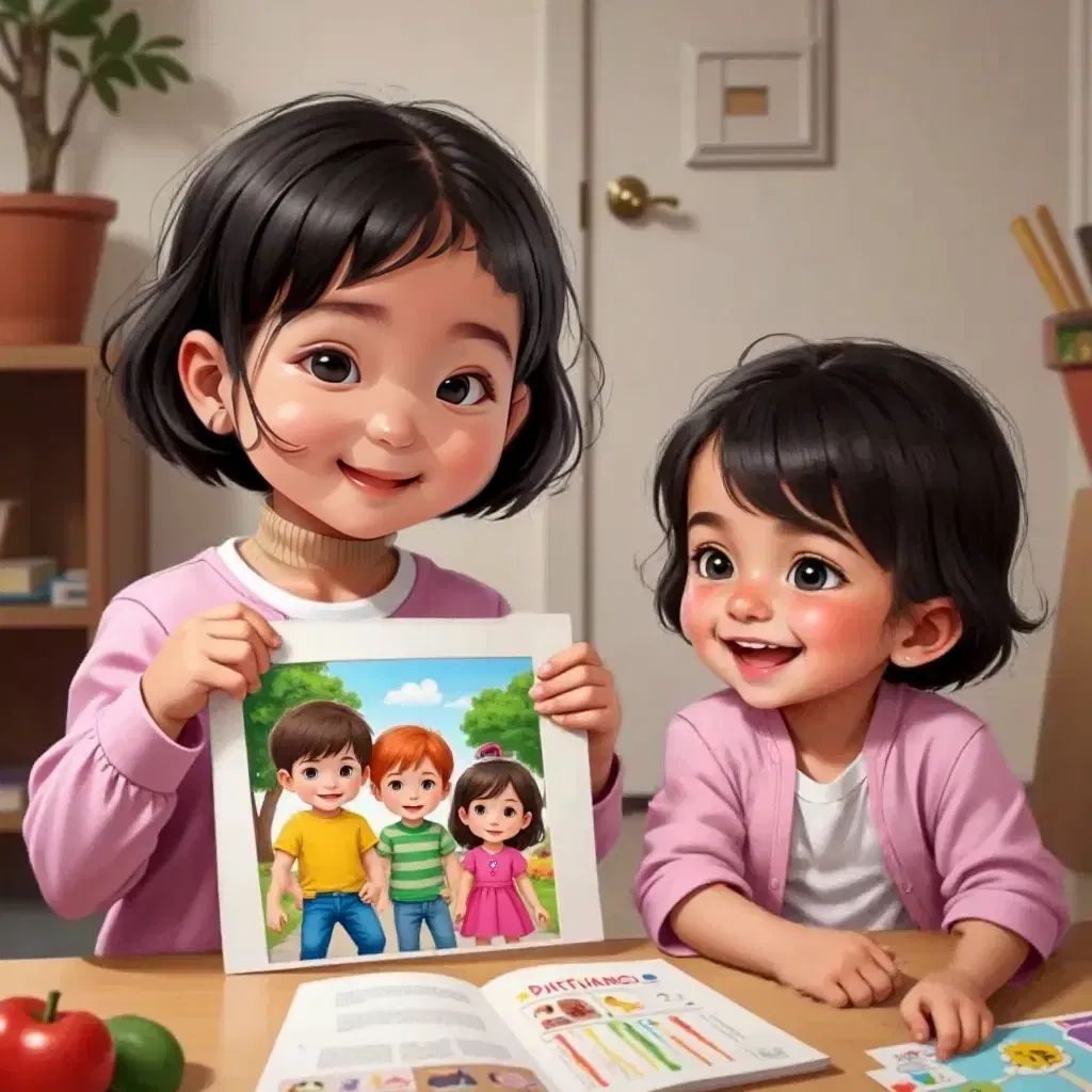 Sabriya showing a colorful family drawing to Habiba, both smiling