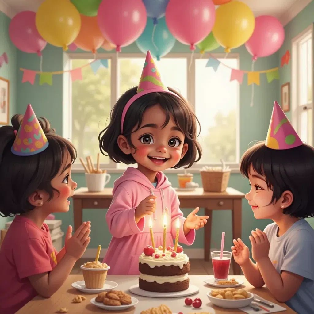 Sabriya at her birthday party, surrounded by balloons and a cake, friends clapping