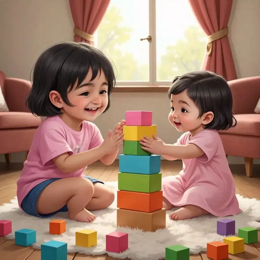 Sabriya and Habiba playing with colorful blocks, a cozy room in the background