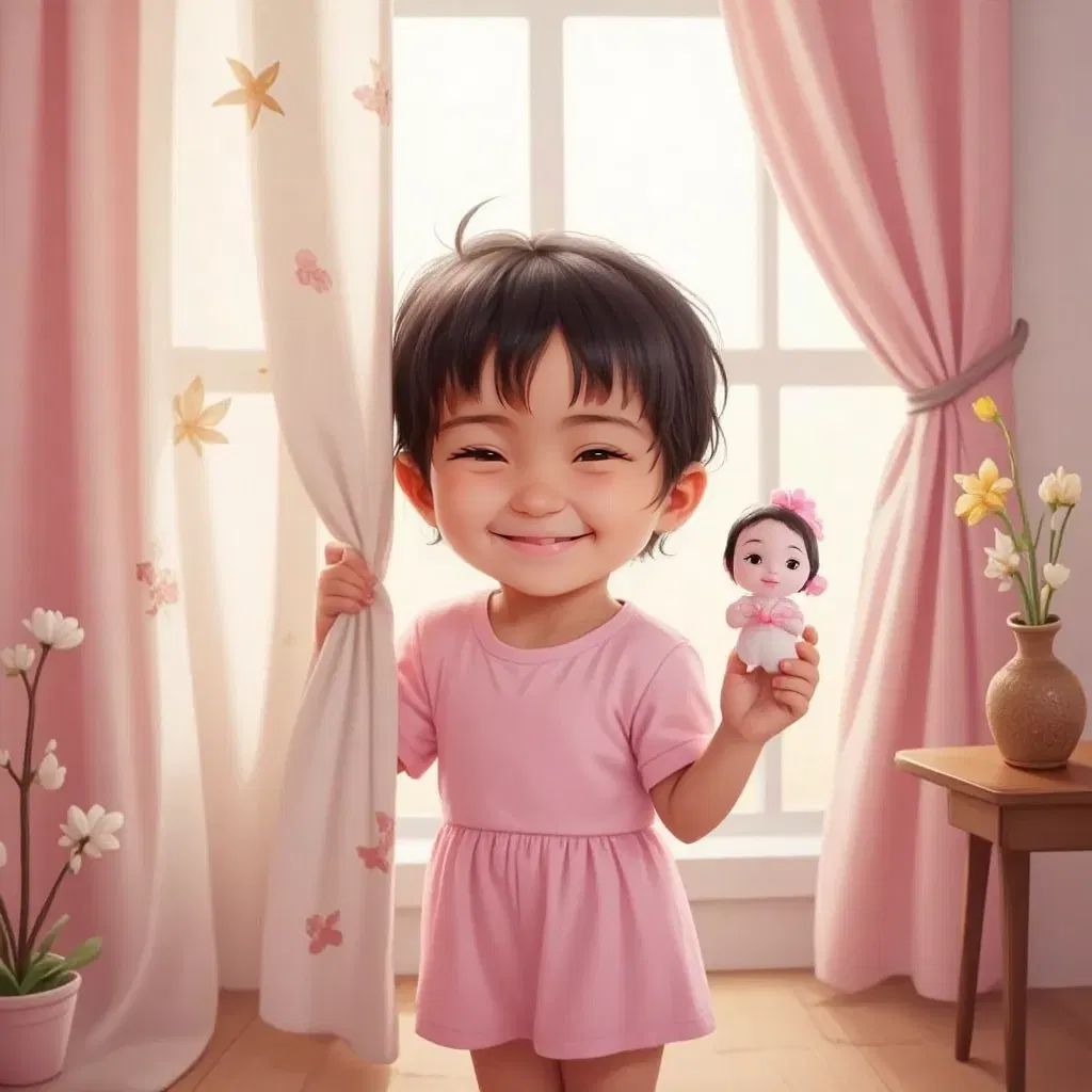 Sabriya giggling with a bright smile, hiding behind a curtain