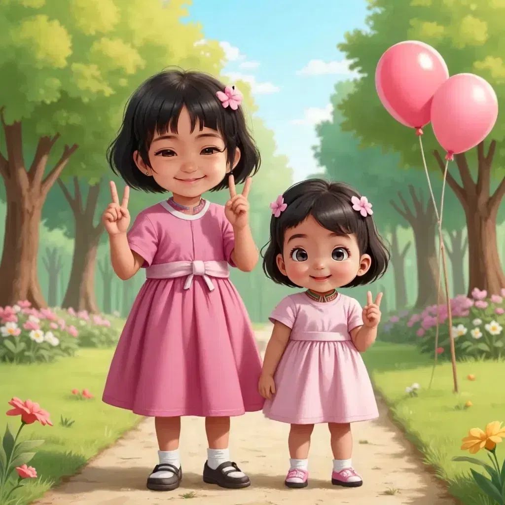 Sabriya proudly holding up three fingers, with Habiba by her side