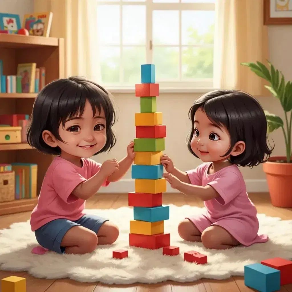 Sabriya and Habiba building a tall tower of blocks, both smiling