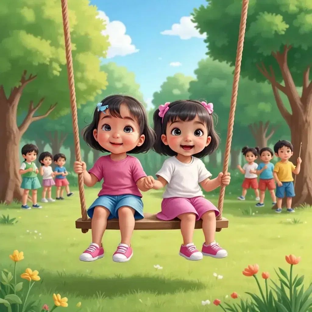 Sabriya and Habiba playing on swings in a sunny park, other children in the background