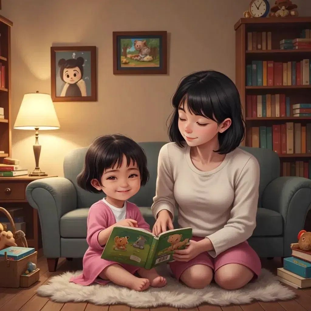 Sabriya looking at an animal book with her mother, pointing at a picture