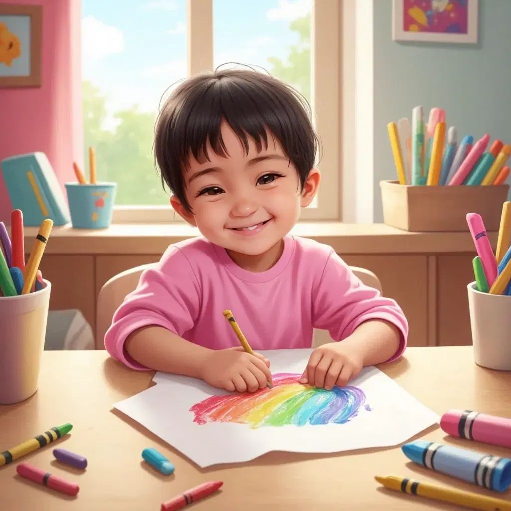 Sabriya drawing a colorful rainbow with crayons, a table full of art supplies