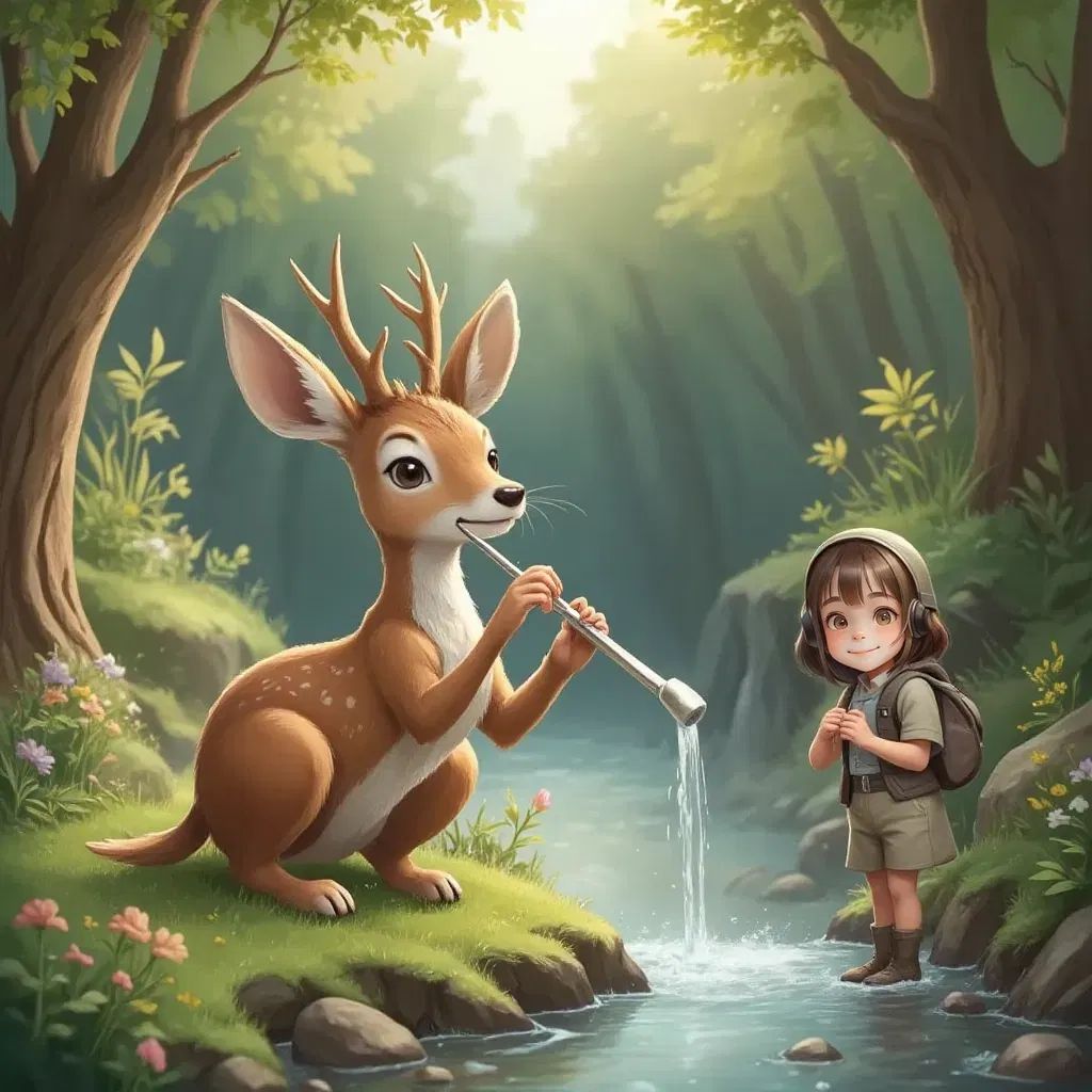 A gentle deer sitting by a sparkling stream playing a silver flute, with Luna Spark standing nearby, mesmerized.
