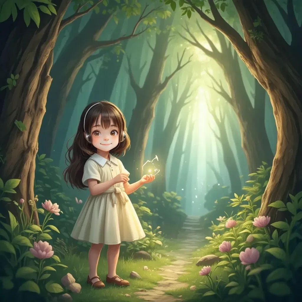 Luna Spark standing at the edge of a mystical forest, surrounded by musical notes dancing with the wind.