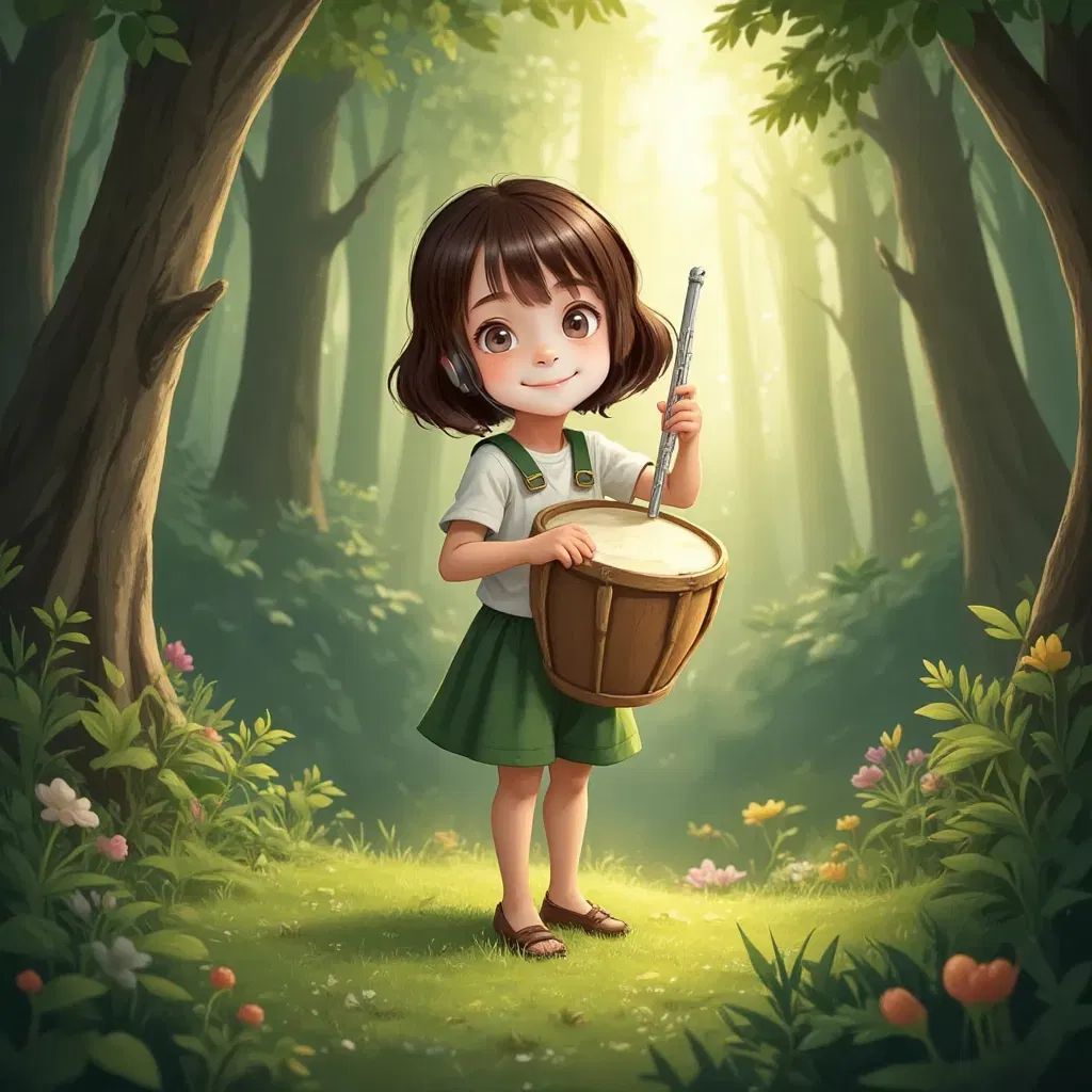 Luna Spark standing at the forest's edge, holding both a silver flute and a big drum, smiling with a thoughtful expression.