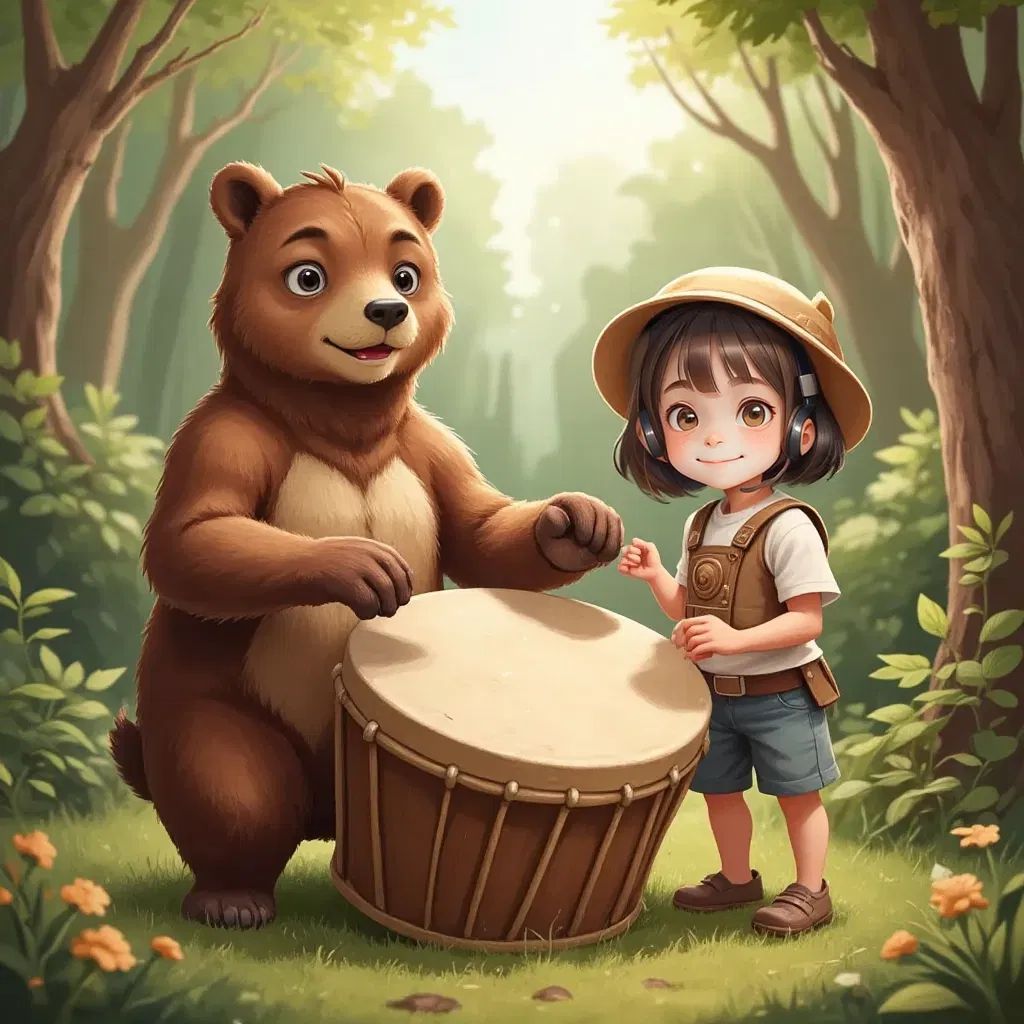 A proud bear banging on a big drum, with Luna Spark trying the drum, feeling bold and energized.