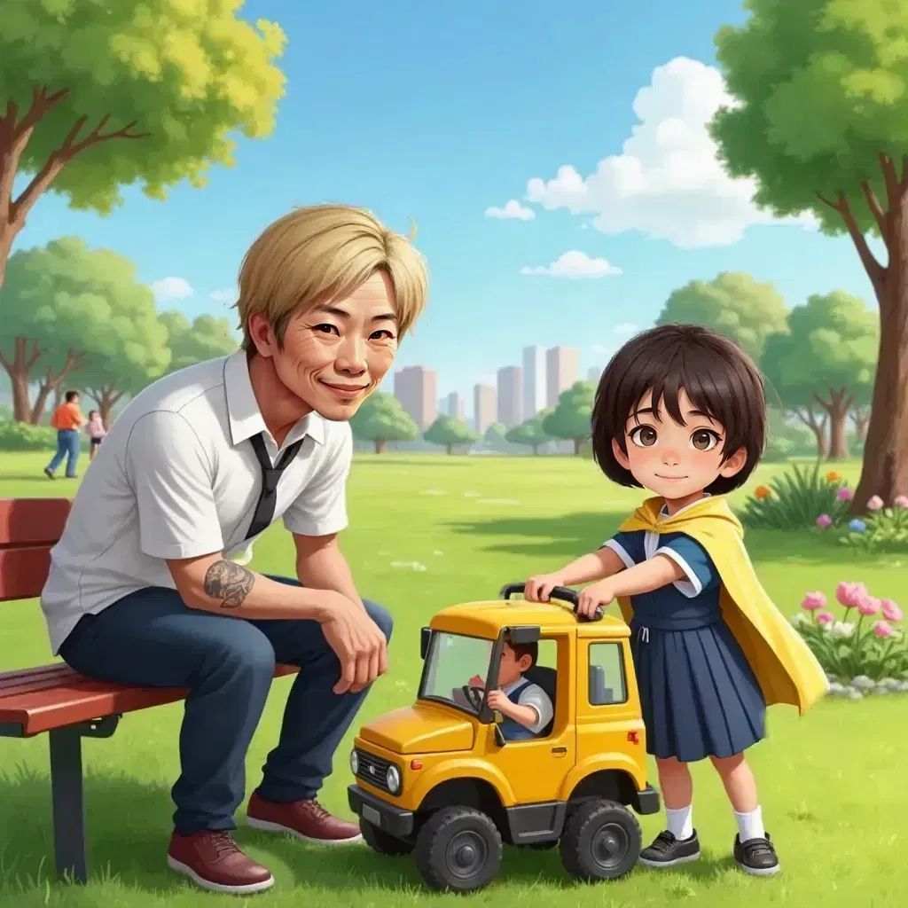 Lani playing with a toy truck and Eli wearing a bright yellow cape, both smiling in a sunny park. An elderly man sitting on a nearby bench, watching them with a warm expression.