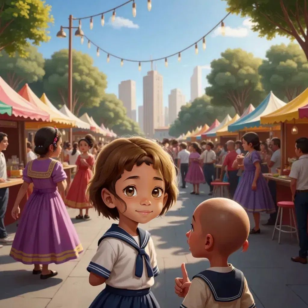 Anna and Bill standing at a vibrant city festival, watching dancers in colorful costumes. Anna looks puzzled while Bill is smiling, pointing at the dancers.