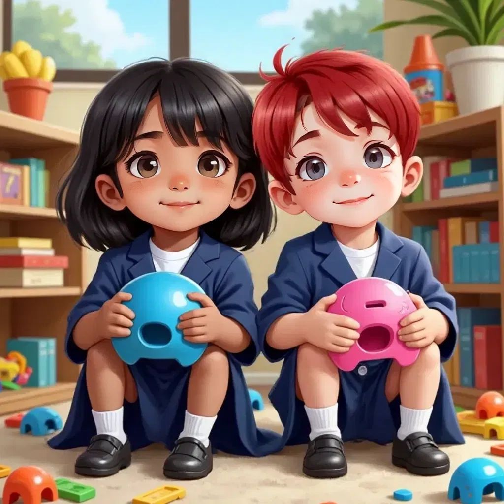 Rayana and Kyle sitting together, Rayana holding a blue toy and Kyle holding a pink toy, both smiling. A colorful background with toys scattered around.