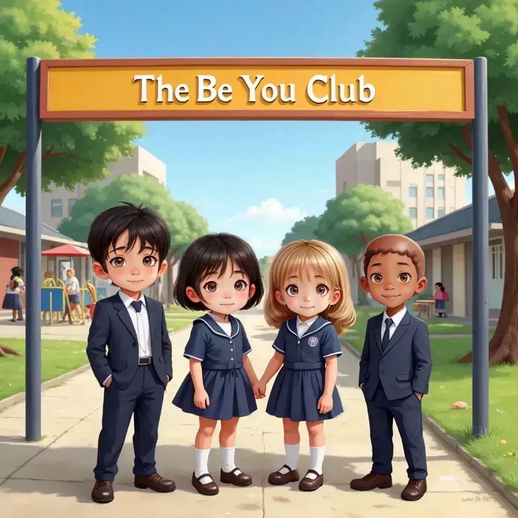 A group of children including Eli, Lani, Anna, and Bill, gathered in a circle with 'The Be You Club' sign above them. All smiling, wearing different outfits, in a schoolyard.