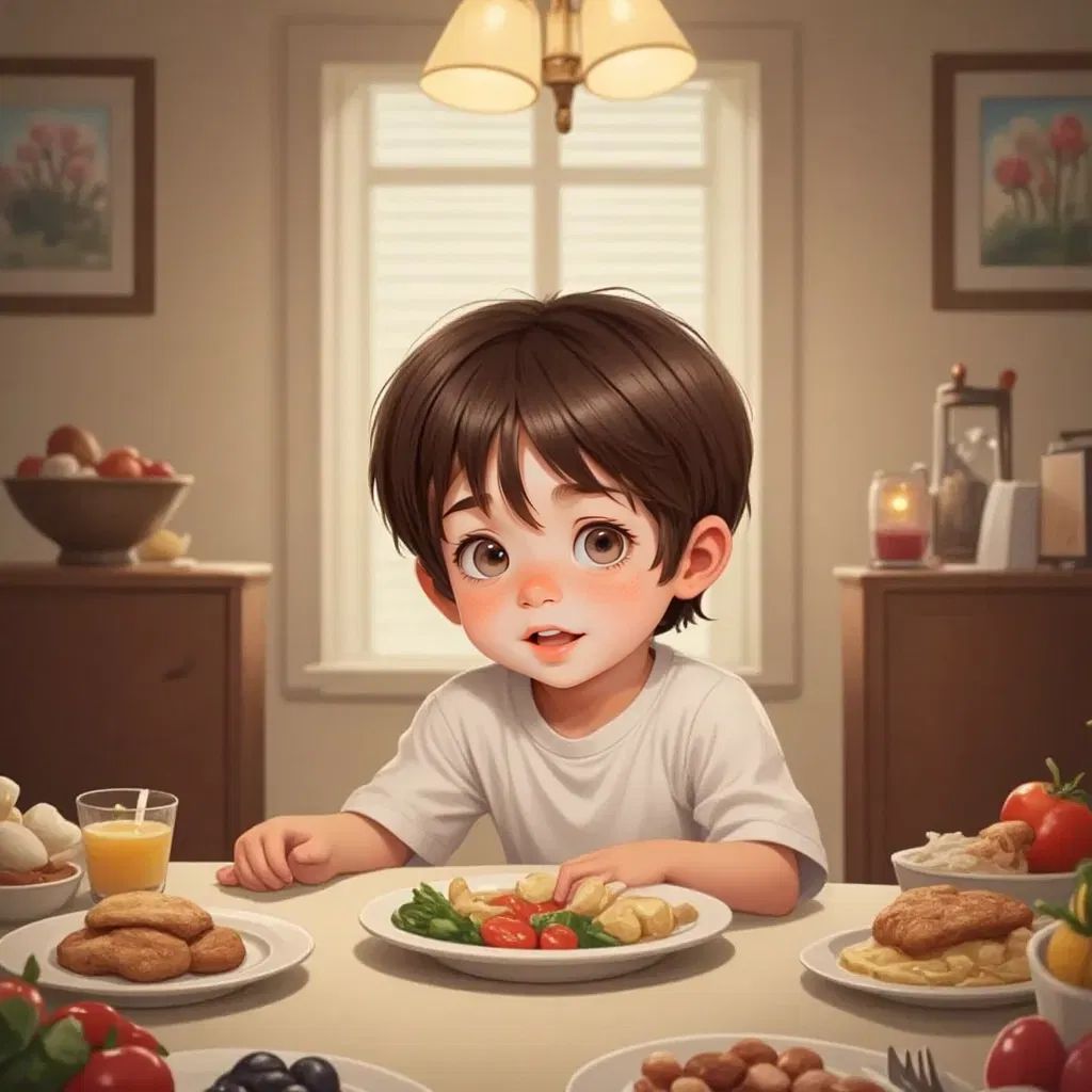Benny sitting at a dinner table rejecting vegetable