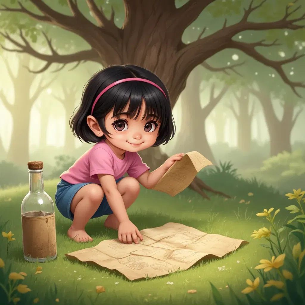Miraya holding a crumpled, old treasure map with a dusty bottle nearby. A giant oak tree in the background.