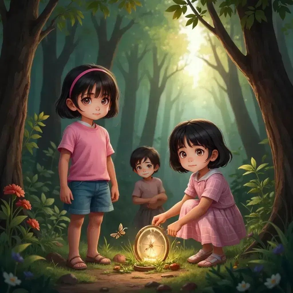 The map led them to the edge of a dense, mysterious wood. The trees were tall and shadowy, but Miraya's courage kept the group moving forward. Ahaan pointed out fun things along the way, like funny-shaped clouds and colorful bugs. Suddenly, Ganishka spotted something shiny under a pile of leaves. It was an old compass, just what they needed to find the right direction!