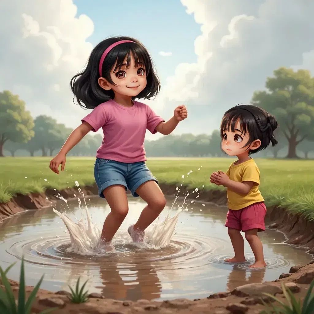 Miraya laughing and leaping across a gigantic muddy puddle, splashing water. Jenny watching with wide eyes.