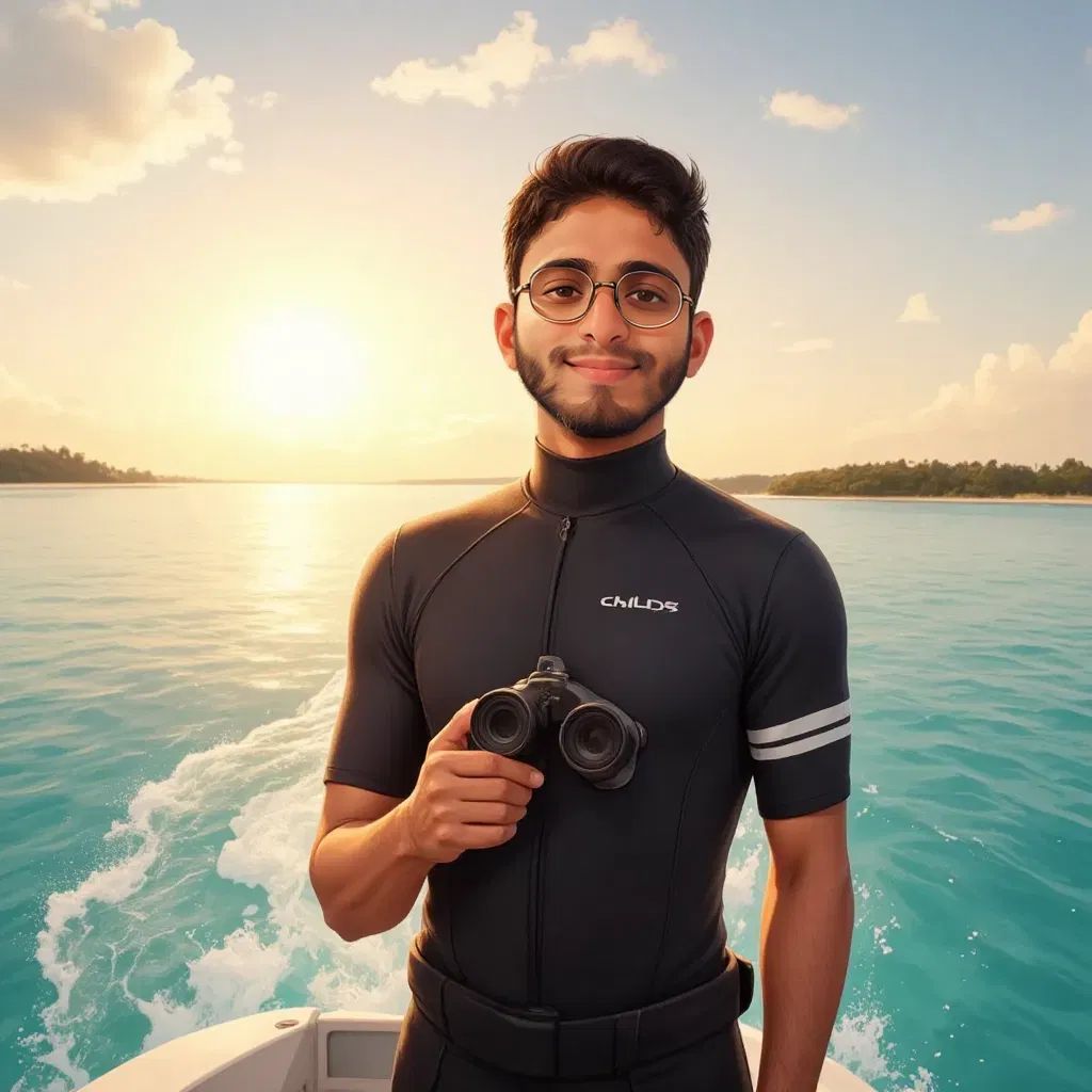 A golden sunrise over the Maldives. A motorboat cuts through calm turquoise waves. A young Papa stands at the bow, grinning, binoculars in hand.