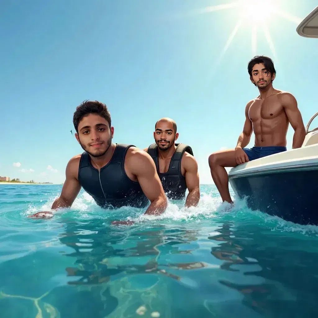 Papa diving into crystal clear water, Saad following with a life jacket, the guide watching from the boat