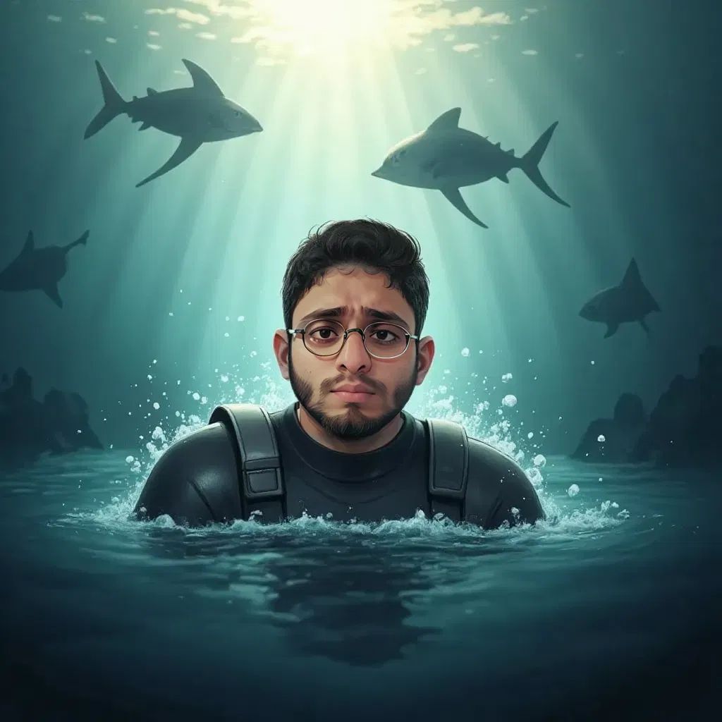 Papa swimming in deep water, looking worried, rays in the distance