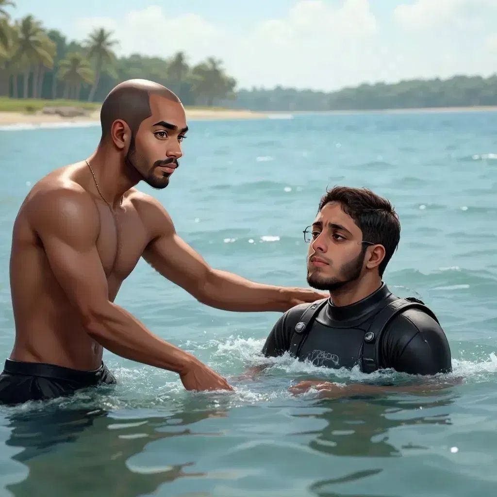 Saad extending an arm to help an exhausted Papa, both struggling to stay afloat