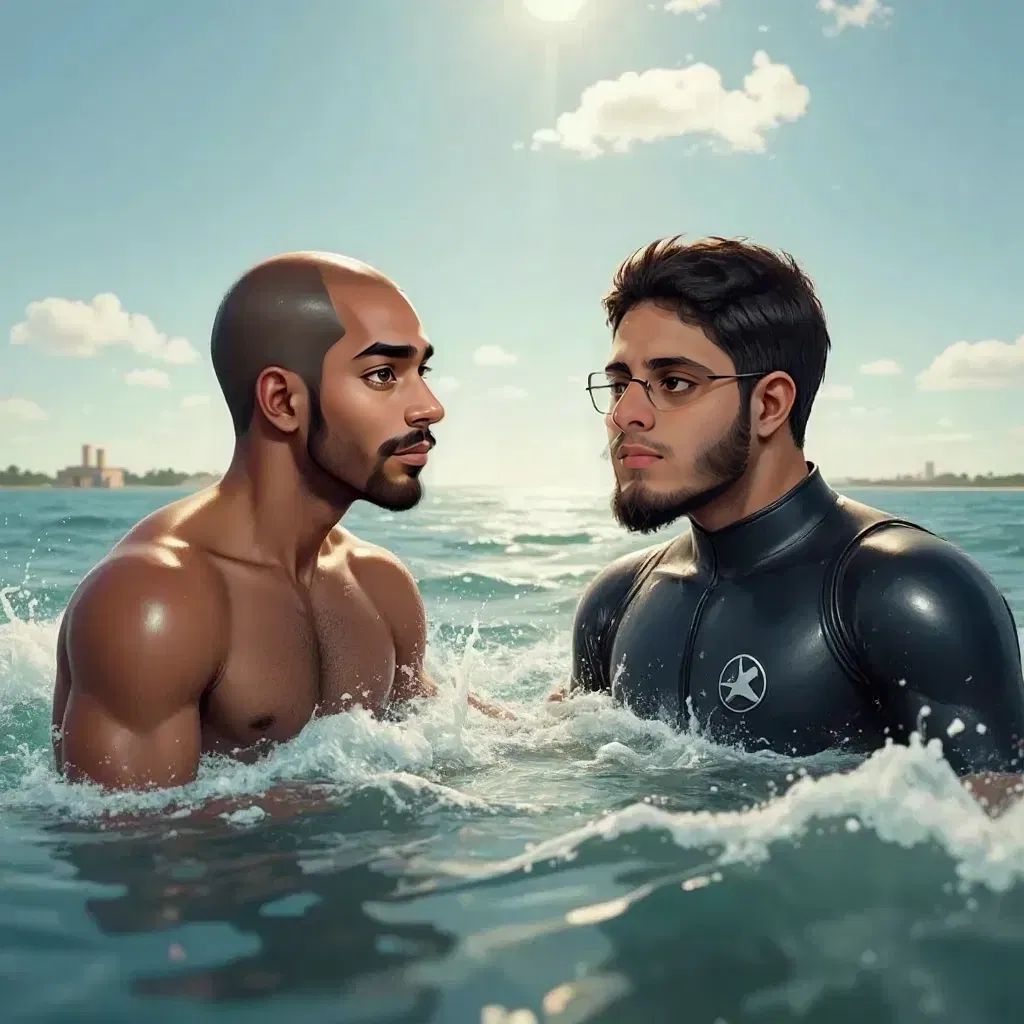 Saad swimming toward a tired Papa, waves splashing around