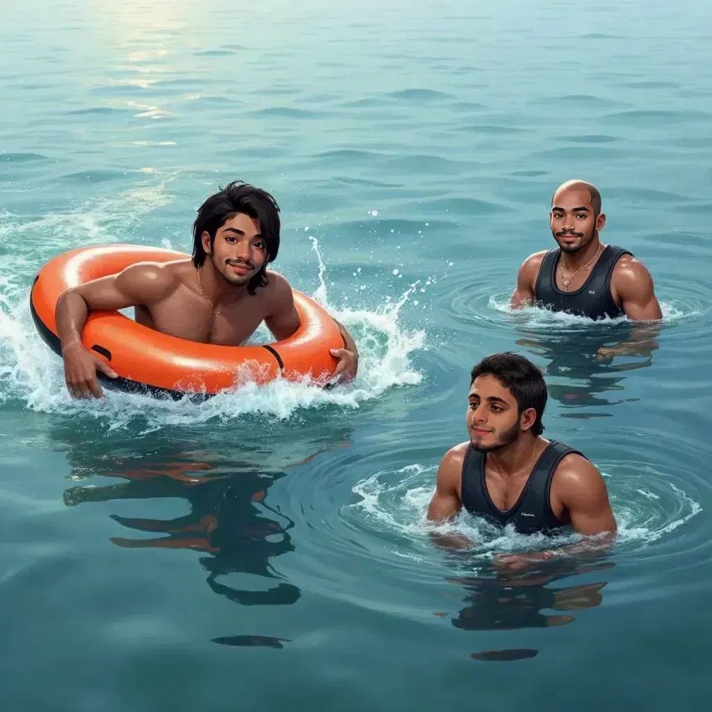 The guide swimming powerfully toward Papa and Saad, carrying a rescue float