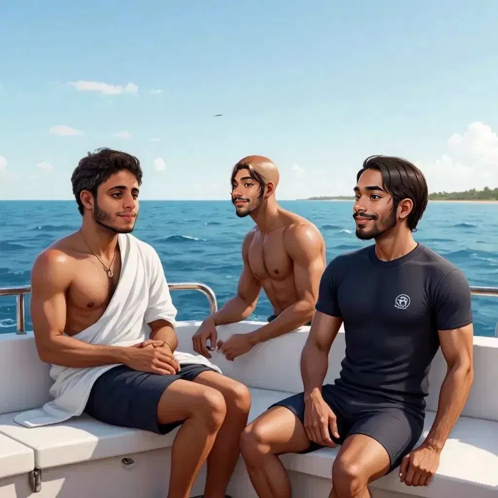 Papa wrapped in a towel on the boat, thanking the guide, Saad sitting beside him