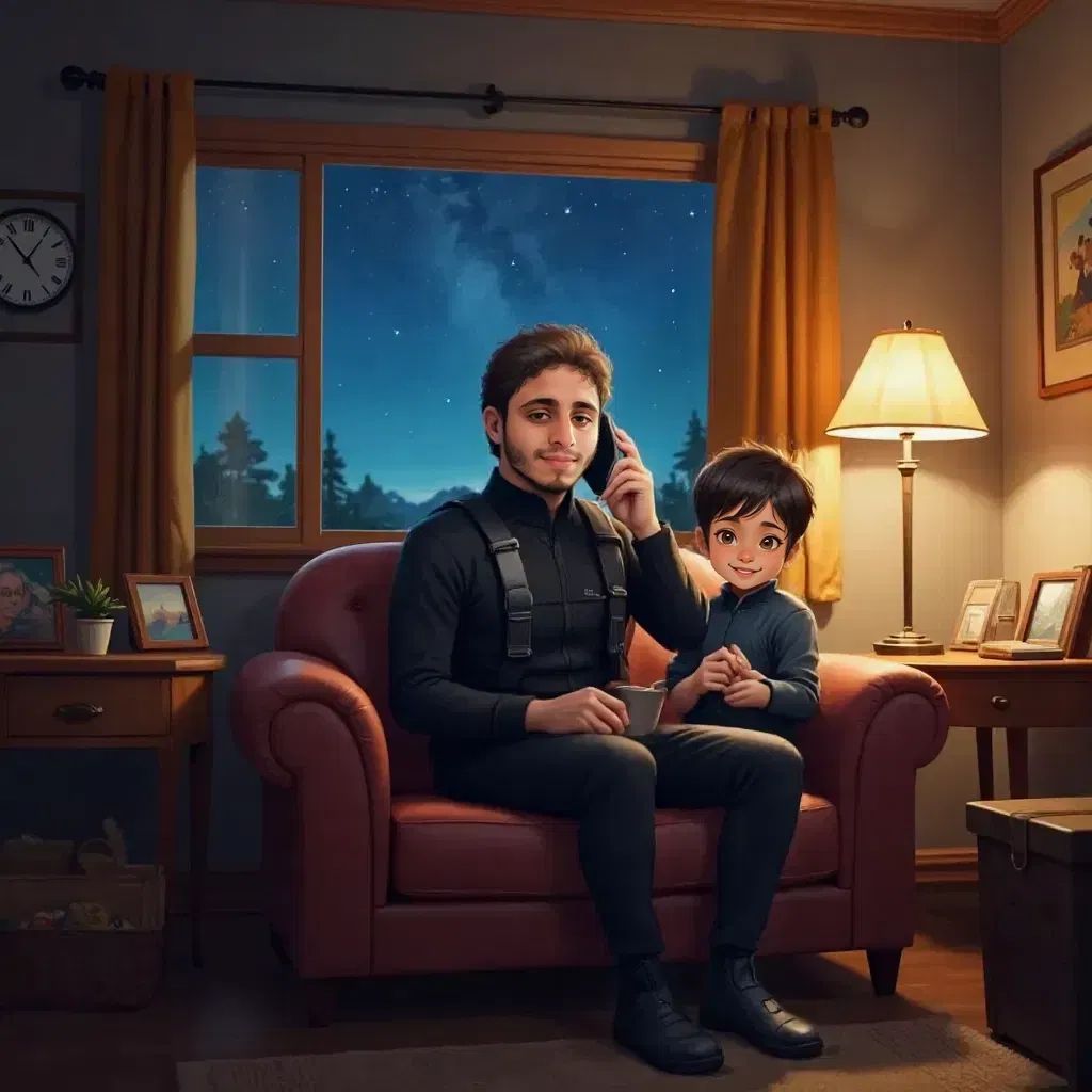 Papa on the phone at night, smiling as he talks to his son about the day's adventure