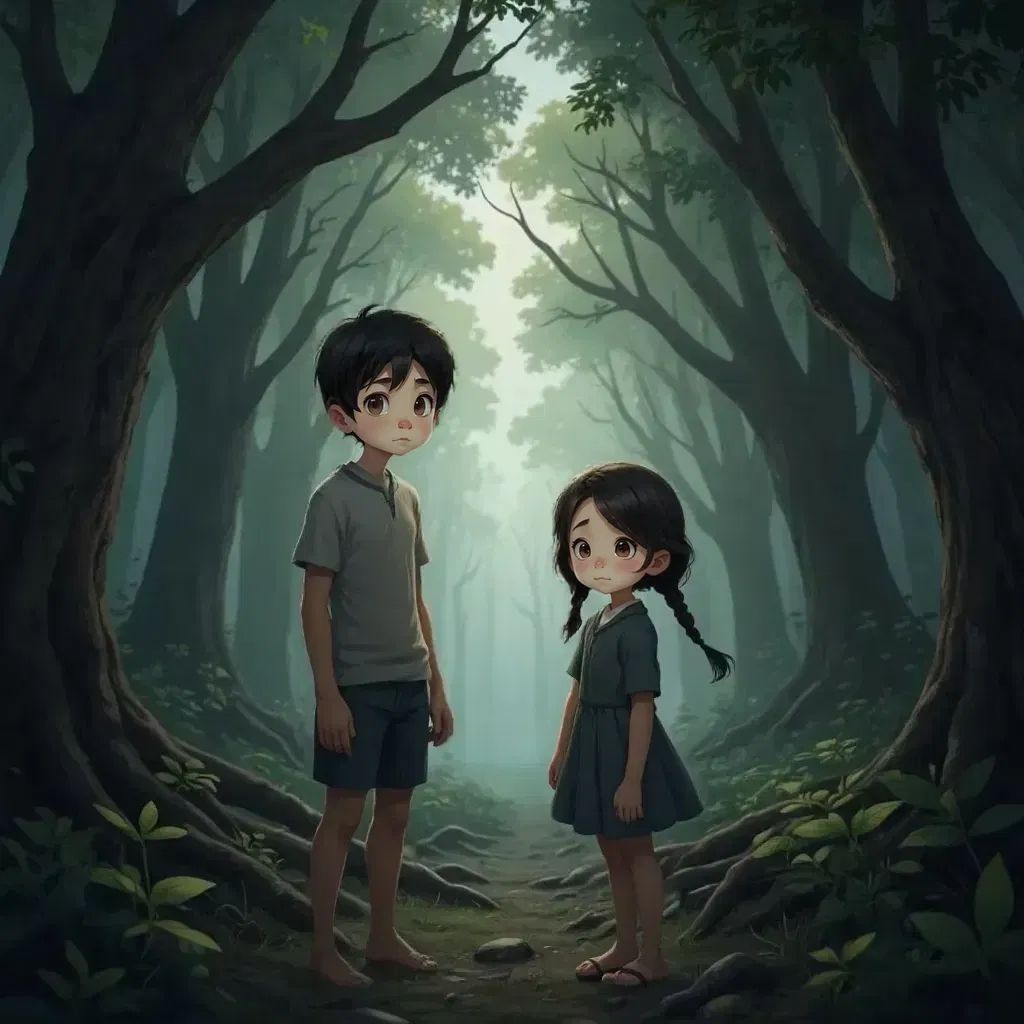 Pedro and Maria standing in a dark forest, looking worried. Breadcrumbs scattered on the ground.