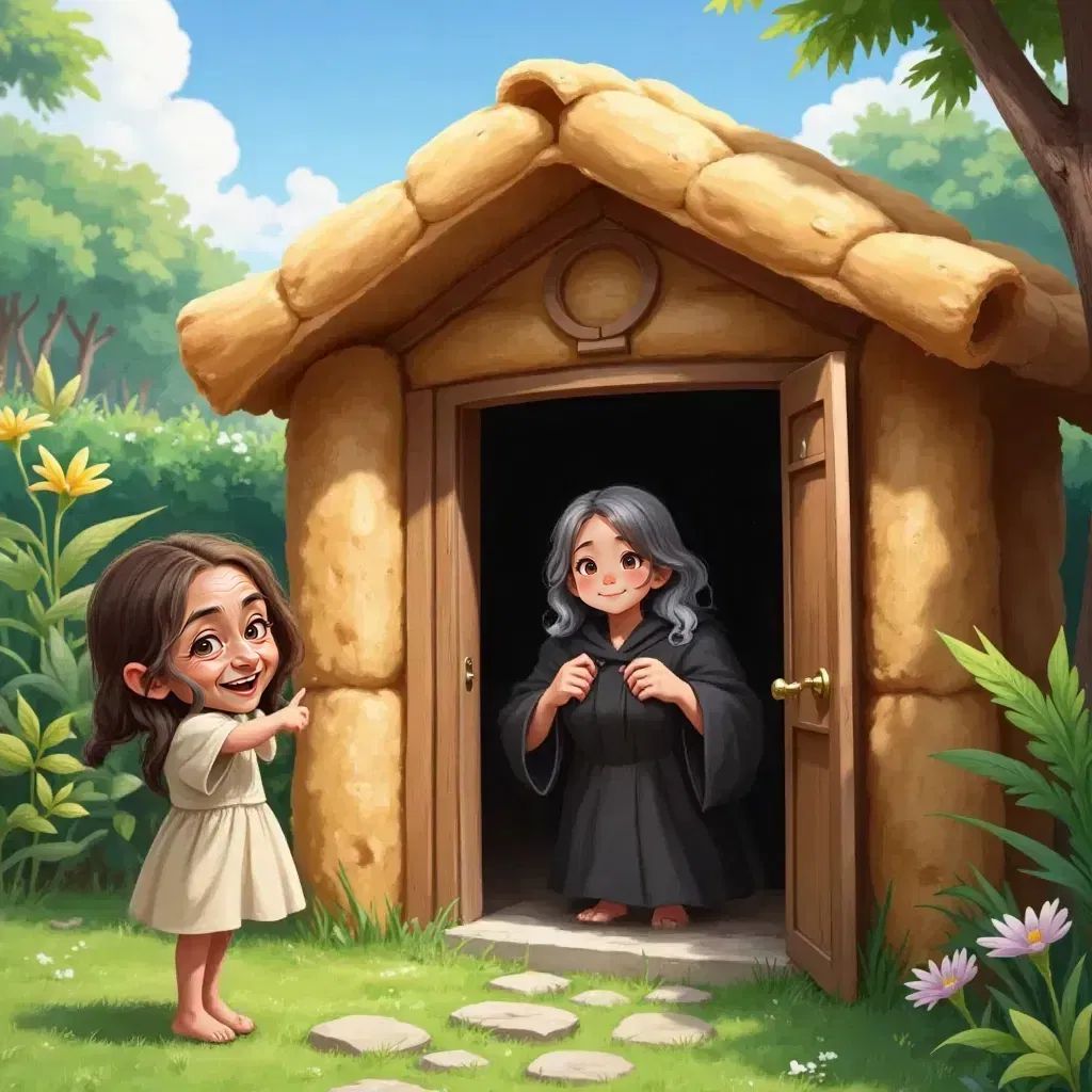 Excited Maria pointing at a house made of bibingka walls and a puto roof. Mamang Margarita, an elderly woman with long gray hair, smiling suspiciously at the door.