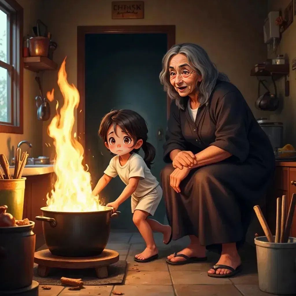 Pedro and Maria fleeing from a burning pot. Mamang Margarita, an elderly woman with long gray hair, leaning over the pot.