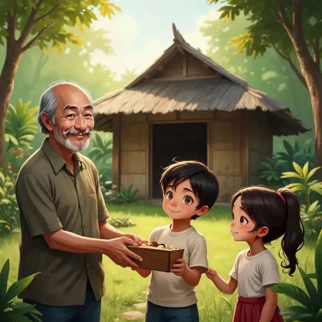 Tito, an old man, handing a small wooden box to Pedro and Maria. A bahay kubo in the background.