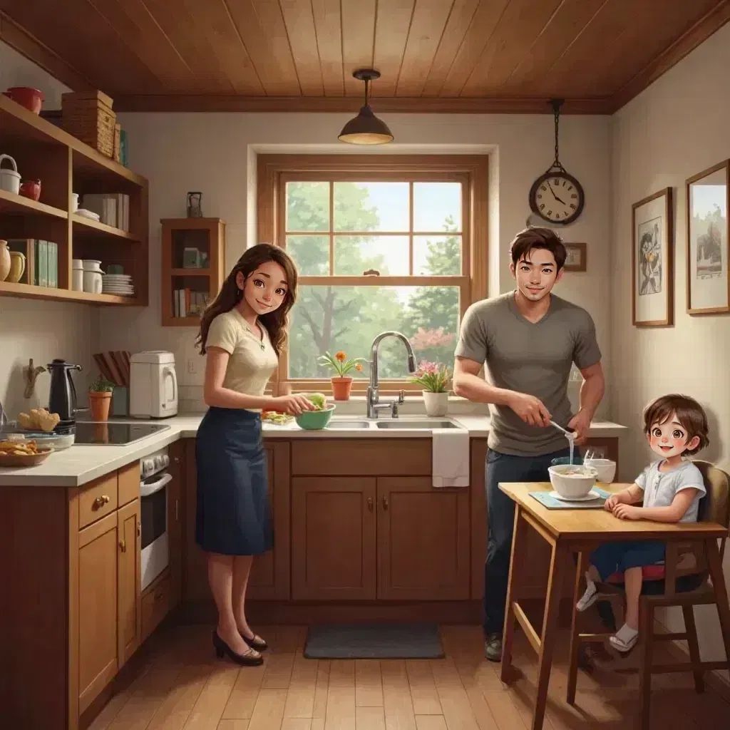 A cozy village home interior with Mother dusting shelves, Father visible through a window chopping wood, Tim washing dishes, and baby Mia giggling in a high chair
