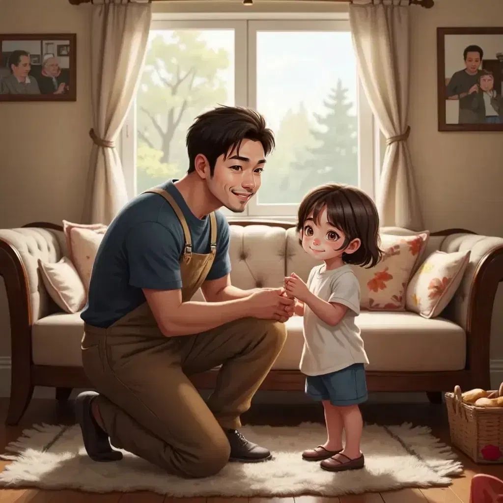 A warm-faced Father kneeling beside a small girl (Lily) in their village home living room, with household items visible in the background