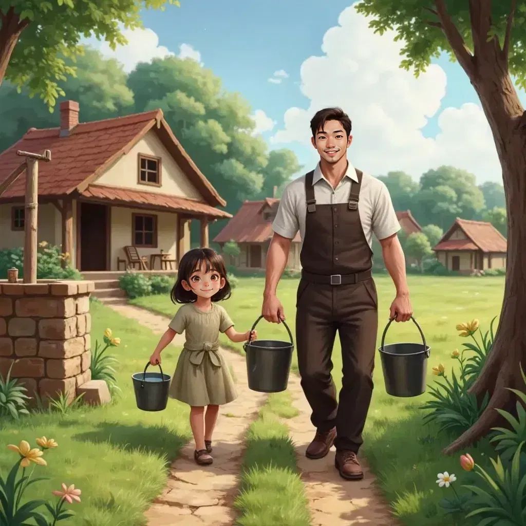 A smiling small girl (Lily) carrying a small water pail while a tall man (Father) carries larger buckets on a path from a well to their village home